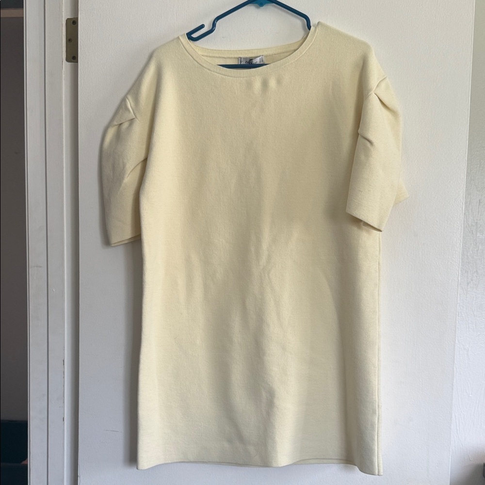 Zara Knit Cream Yellow Shift Dress - Minimal Short Sleeve
